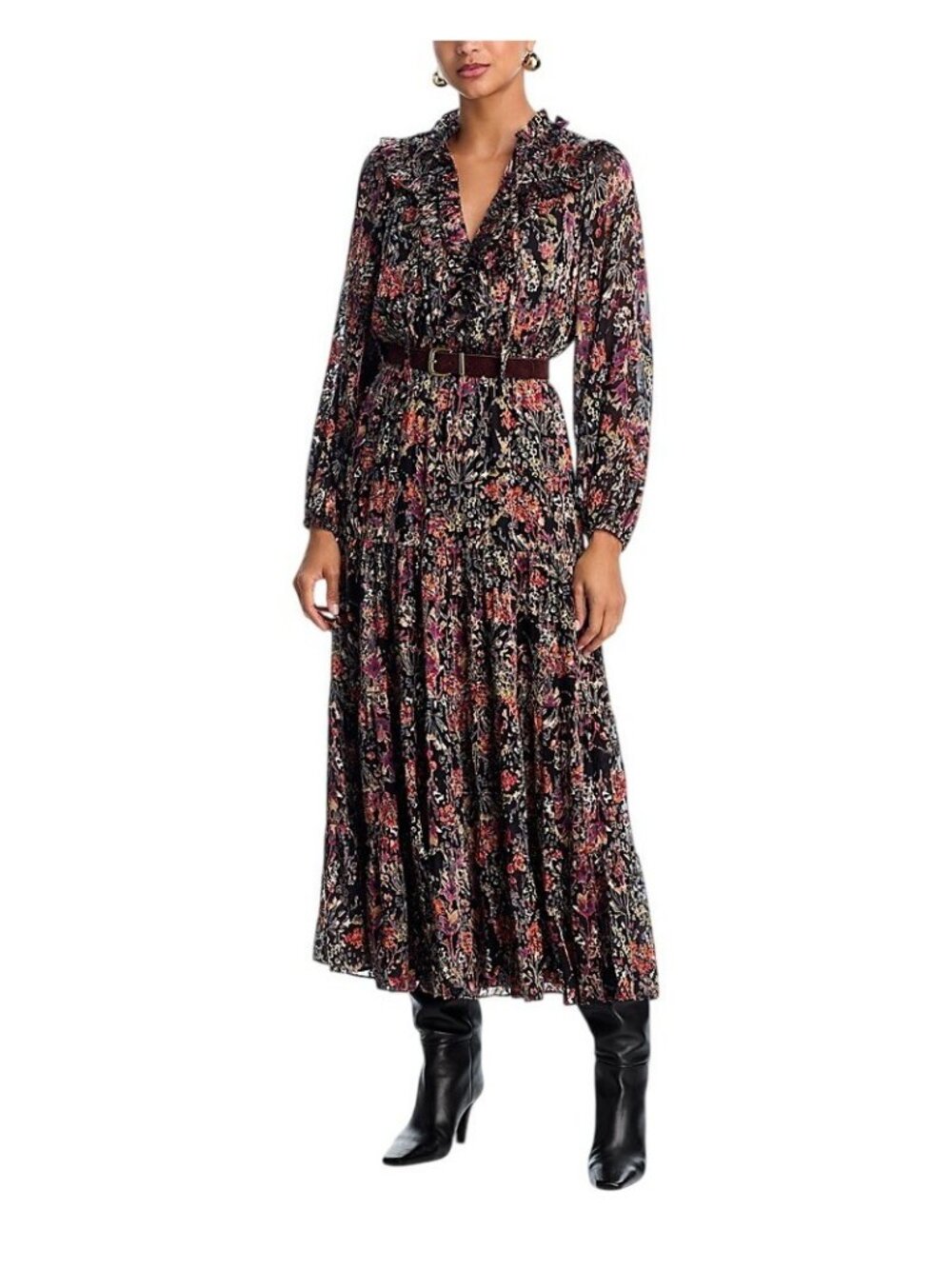NWT Aqua Floral Satin Burnout Long Sleeve Maxi Dress IDO12879 Black Multi M